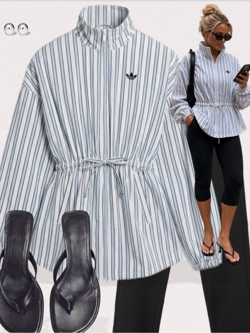 Adidas Originals × ASOS funnel neck shirt with volume sleeves in blue stripes